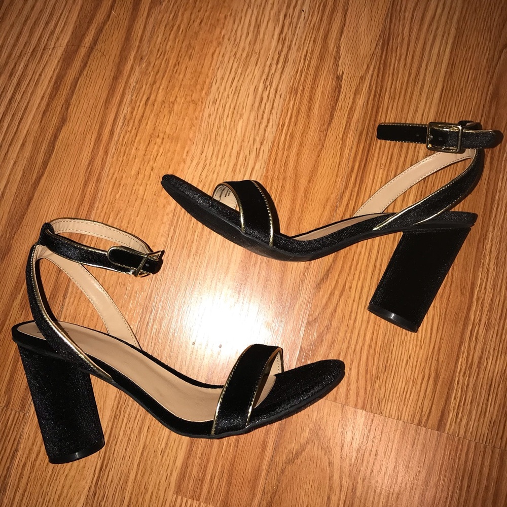Black and Gold Two Strap Sandal Heels